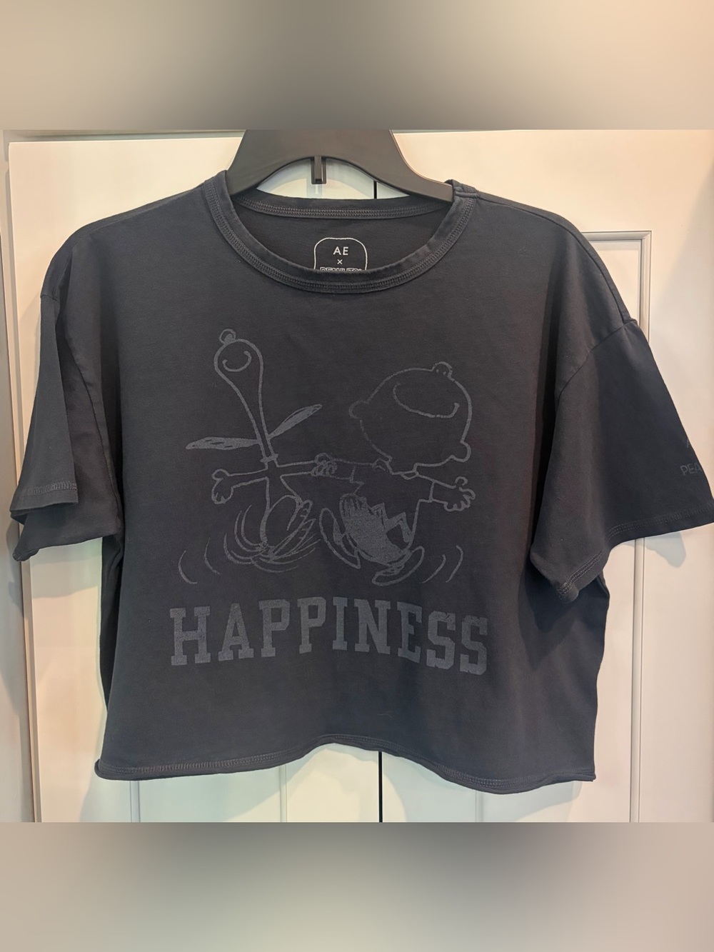 American Eagle x Peanuts Washed Black Graphic 'HAPPINESS' Short Sleeve T-Shirt